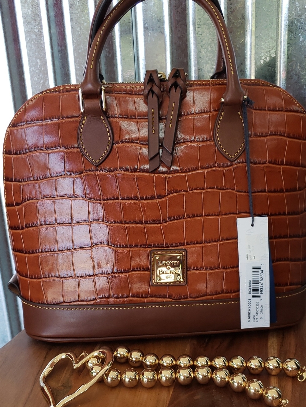 NWT Dooney & Bourke Croc-Embossed Leather  ZIP ZIP Satchel in Cognac Brown